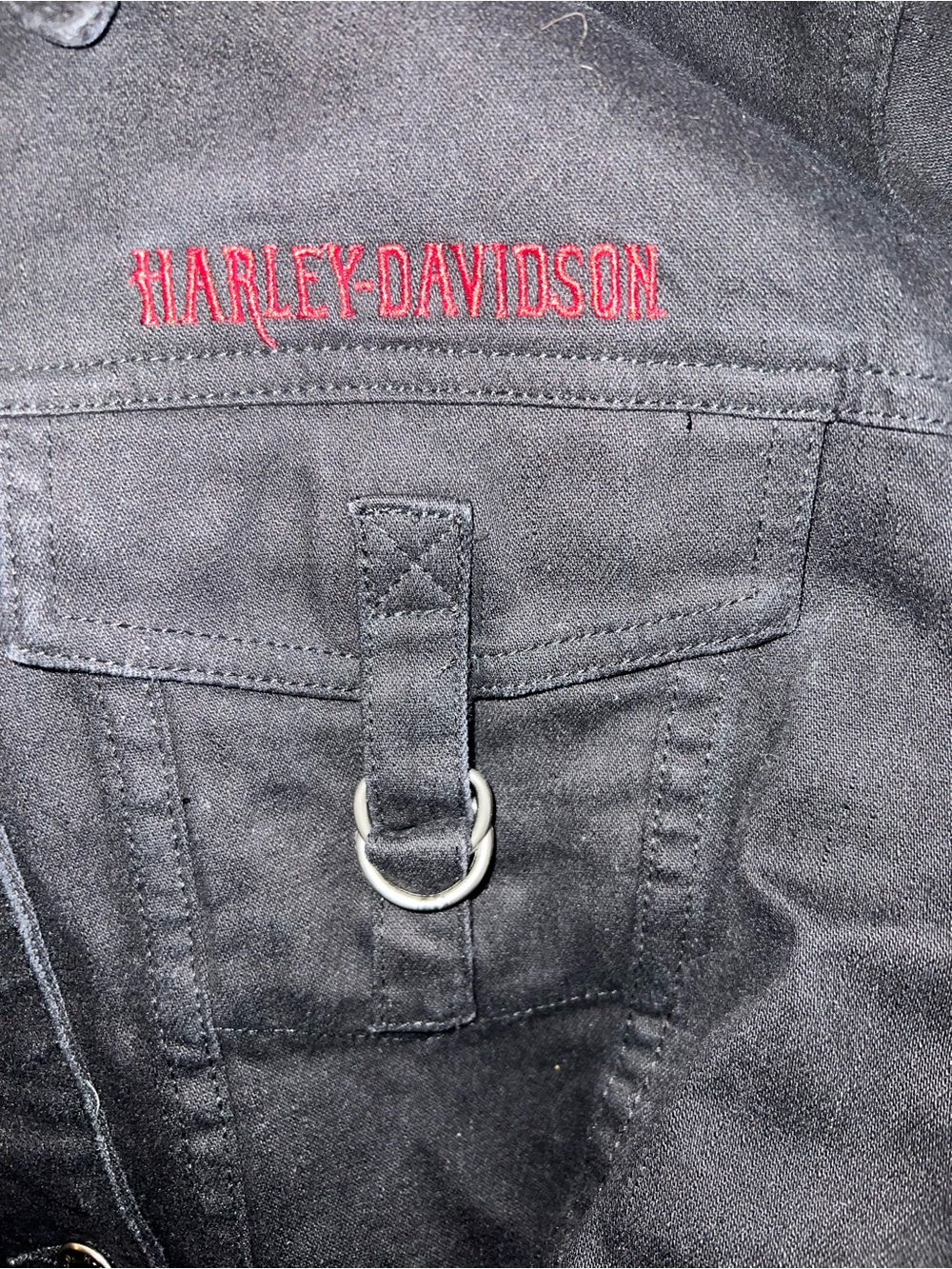 Vintage Harley-Davidson Women's Black Denim Trucker Jacket with Red Flame Detail - Picture 7 of 7